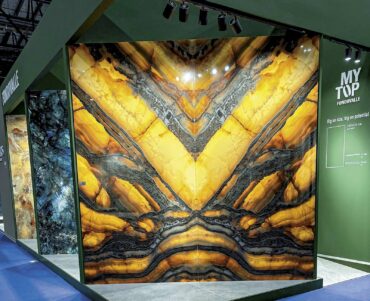 Technology at its best  —large, book- matched porcelain slabs have been created to look like a polished backlit piece of natural stone by Fondovalle of Italy.