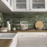 On trend with the water world theme, this glazed 4-inch by 12-inch porcelain field tile from Mainzus Ceramica’s Village Collection in Evergreen finish is perfect for kitchens and baths.