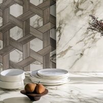 Borghini Classico 24-by-48 porcelain slab for counters and mosaic combining wood look with stone by Portobello America