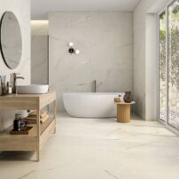 Onice Supreme Marfil large-format, porcelain tile by Roca USA