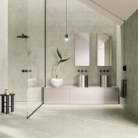 Casalgrande Padana gives consumers what they want for bathroom floors and walls with its Concept tile in different sizes, shapes and textures, all with a beautiful watery-green finish.