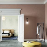 Flora Luce in unpolished large-format, porcelain tile from the Crossville Gemini Collection (behind the bed) is a beautiful example of holistic-experience design.