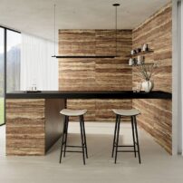 MILE®stone’s on-trend porcelain travertine tile is available in 14 field and trim tiles and five realistic finishes, providing maximum design flexibility — shown in bold finish.