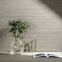 The concretesqe Sintese Collection is available in sizes from 6-by-36 inches to 48-by 106 inches for wall applications and in 12 finishes by Portobello America