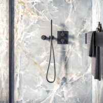 Italian manufacturer Casalgrande Padana is on trend with its blue and green (water world) Alabastri large- format floor and wall tile (also deco tiles) in polished blue