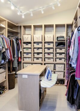 LED track lighting in a closet is code compliant and allows you to illuminate what you want and nothing that you don’t. Design by McCabe By Design LLC