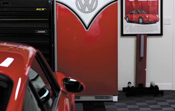 FASHIONABLE FREEZER: WrapJax handiwork surrounds the upright freezer to make it look like a vintage VW.