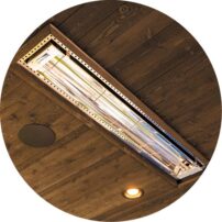 YEAR-ROUND COMFORT These Infratech space heaters are on the ceiling of the outdoor areas and create comfort during any weather.