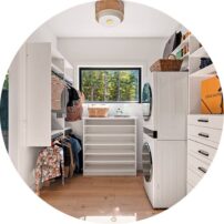 CONVENIENCE IS KEY The stacked LG washer and dryer in the primary bedroom closet are game-changers, according to the homeowners.