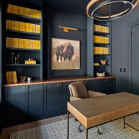 The Rodda Resist X paint (resists scuffs) was custom-mixed to match the Huntwood Cabinets. It’s bold on the ceiling, walls, and trim in this striking home office.