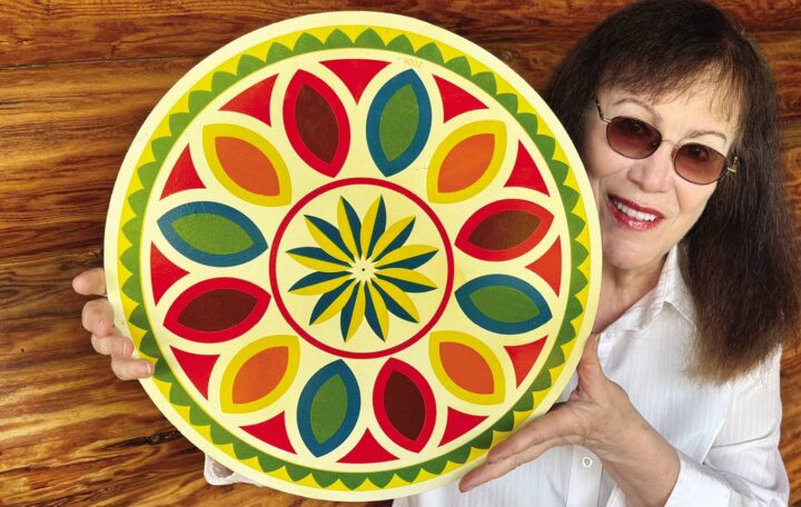 Writer Amy Burnett with her hex sign find.