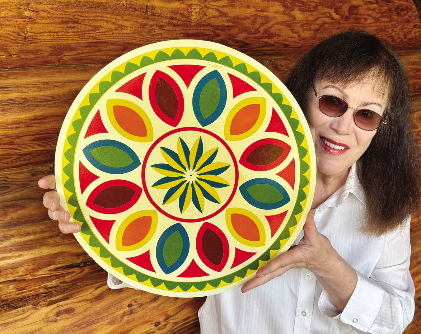 Writer Amy Burnett with her hex sign find.